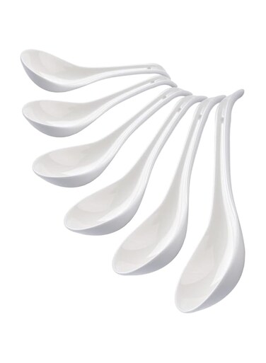 CHILDIKE Porcelain Soup Spoons Set of 6, Ceramic Chinese Soup Spoons 6.6 Inch, Asian Soup Spoons, Japanese Ramen Spoons, White