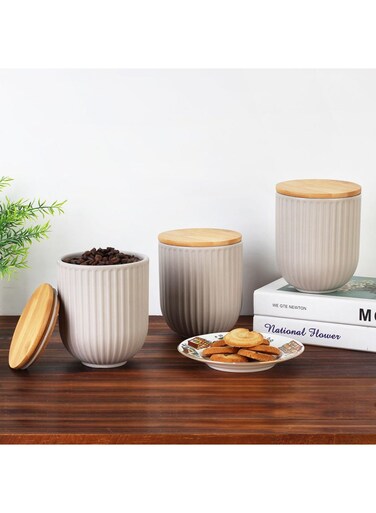 HOME Astra 3-Piece Ceramic Storage Jar Set with Bamboo Lid &acirc;&euro;&ldquo; Airtight Kitchen Canisters, Stylish Food Storage Containers, Durable Ceramic Jars for Pantry, Spice, and Coffee Storage -750ml