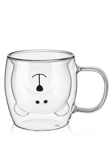 Mugs, Bear Tea Coffee Cup, Double Wall Glass Milk Coffee Bear Mug with Handle, Insulated Espresso christmas Beer Cup, Cute Birthday gift for Women Men Valentine's Day, 250 ml (White)