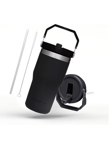 SILVIX 600ML (20 OZ) THERMOS CUP WITH STRAW   304 STAINLESS STEEL   Insulated Water Bottle   Leakproof Car Cup for Tea  Coffee mug   Stanley Tumbler style for Gym, Outdoor &amp; Kids &amp; Toddlers (Black)