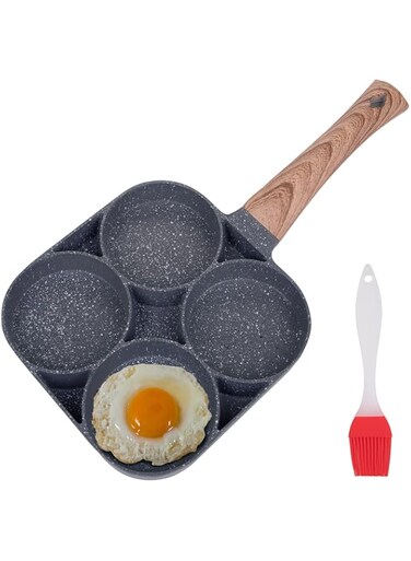 yarlung 4-Cup Fried Egg Frying Pan with Brush for Oil, Non-stick Poached Egg Pan Pancake Skillet for Burger, Omelet, Outdoor Camping, 13.5 x 7 Inches