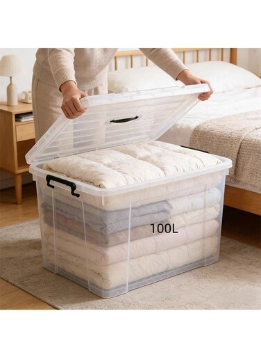 CHIC Large Clear Plastic Storage Bin with Lid, 100L Heavy Duty Stackable Storage Box &iuml;&frac14;&OElig;Transparent Organizer Container for Clothes, Bedding, Toys, Home &amp; Office Use