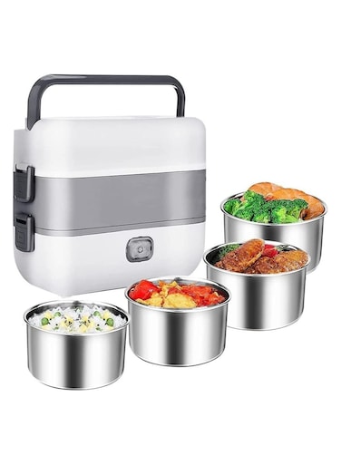 Portable Self Cooking Electric Lunch Box, Mini Rice Cooker, 2 Layers 4 Stainless Steel Steamer Food Insulation Lunch Box for Home Office Dormitory Travel Outdoor Kitchen Cook Raw Food, 2L/110V/200W