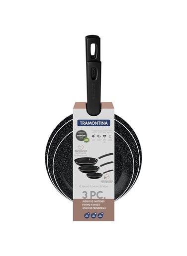 Tramontina Chelsea 3 Pieces Black Aluminum Frying Pan Set with Interior and Exterior Starflon Max PFOA Free Nonstick Coating 20cm + 24cm + 26cm
