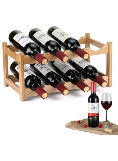 TOMVAES Wine Rack Free Standing 8 Bottle 2 Tier Bamboo Wine Racks Countertop Cabinet Wine Holder Wine Storage Shelf for Kitchen,Bar,Pantry, Wine Cellar,Basement,Countertop