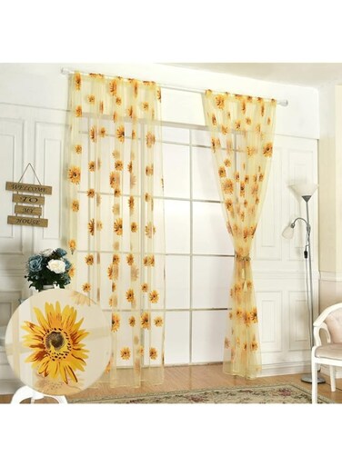 Ufurty Rely2016 Sunflower Window Curtain, 2PCS Sun Flower Floral Voile Sheer Curtain Panels Tulle Room Salix Leaf Sheer Gauze Curtain for Living Room, Bedroom, Balcony - Rod Pocket Top (100 x 200)