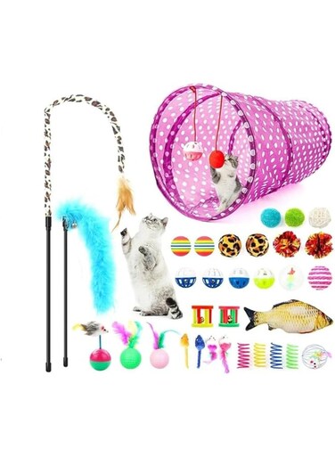 KOVEO Cat Toys 30pcs Interactive Kitten Toys Set, Interactive Catnip Toy Kitten Feather Wand Cat Tunnel Stuff Cats Teaser Toy Springs Cat Kitty Toys Supplies Cat Feather Teaser Wand Mice Bells Toys