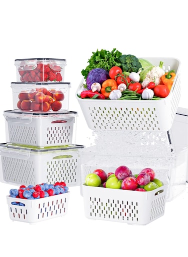 5-Pack Fruit Storage Containers for Fridge with Removable Colanders, 4 in 1 Produce Storage Containers with Lid for Salad Berry Lettuce Vegetables Meat Keeper