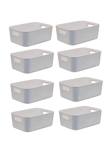 e world unbox happiness Storage Bins - Plastic Pantry Organizer Basket, Small Household Cube Containers with Cutout Handles for Kitchen Organizing Shelf Home Countertop, Closet and Bathroom (8)