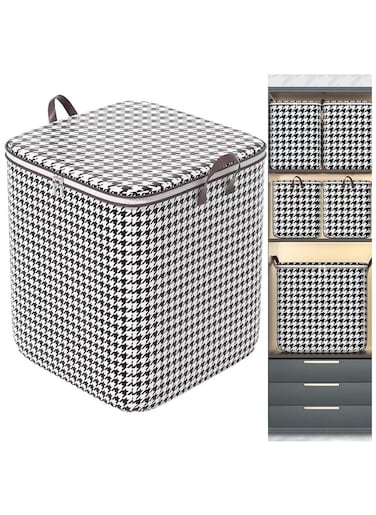Houndstooth Storage Bag Large Capacity Folding Clothes Portable Wardrobe Sorting Clothes Storage Box With Reinforced Handle Zipper For Home Shelf Organizer (1 Pack 140L)