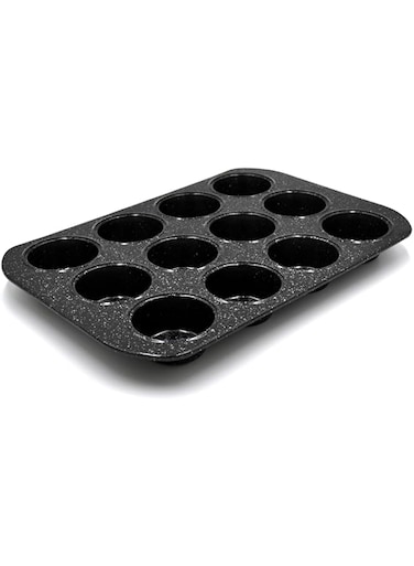Prestige Granite Deep Muffin Tray Non-Stick 12-Cup Pans Tin - Carbon Steel Baking for Cupcakes Black PR48754
