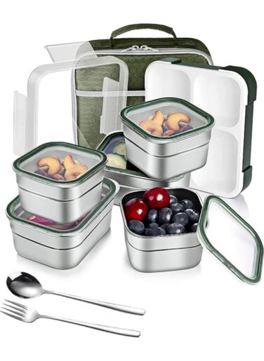 Stainless Steel Lunch Box for Kids Adults,Insulated Bento Lunch Box with Tableware &amp; Bag,1000ML 5 Compartment Divided Lunch Containers with Lids