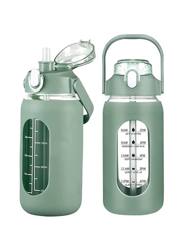 TOMVAES 64oz Glass Water Bottles with Straw, Half Gallon Motivational Glass Bottle with Silicone Sleeve and Time Marker, 2L Leakproof Large Glass Water Jug for Gym Home Office, Amber (Green)