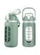TOMVAES 64oz Glass Water Bottles with Straw, Half Gallon Motivational Glass Bottle with Silicone Sleeve and Time Marker, 2L Leakproof Large Glass Water Jug for Gym Home Office, Amber (Green)
