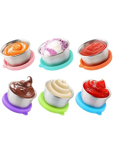Aowin 6 Pack Salad Dressing Container With Lids,Stainless Steel Salad Dressing Container,Reusable Dipping Sauce Cups Set,Small Leakproof Condiment Containers for Lunch Bento Box, Work,School,Picnics