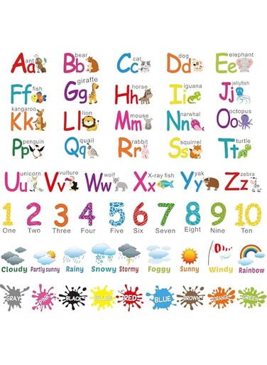 BPA&reg; 6 Sheets Alphabet Number Color Weather Learning Educational Wall Decals Peel and Stick Alphabet Wall Stickers Educational Classroom Stickers for Kids Playroom Bedroom Decorations