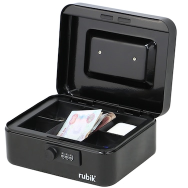 Rubik Medium Cash Box with Tray and Combination Lock Portable Durable Register Money Box Safe for Bills Jewelry Receipts Coins (20x16x9cm) Black