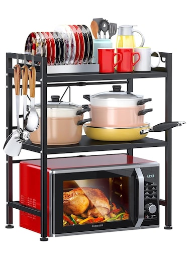 Microwave Stand, 2-Tier Microwave Oven Rack With 6 Hooks, Expandable Horizontal Extension Microwave Shelf, Kitchen Counter Organizer for Toaster Oven Rice Cooker