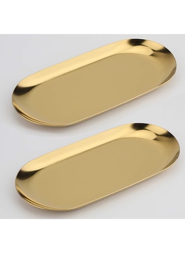 quxup Stainless Steel Decorative Tray, Set of 2, 7 Inch Long, Jewelry Dish Cosmetics Organizer Bathroom Clutter Serving Platter Small Storage Tray, Oval (Gold)