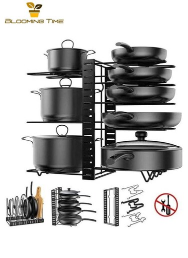 8 Tiers Adjustable Pots and Pans Rack Organizer, Large Capacity Pot Lid Holders &amp; Pan Rack for Kitchen Cabinet and Counter