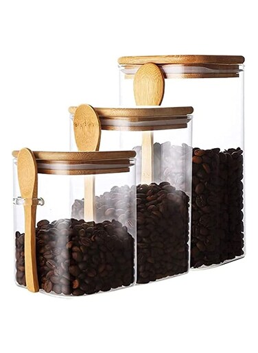 Glass Storage Jar with Bamboo Lids and bamboo Spoon,Set of 3 Airtight Food Jars Kitchen Food Storage Containers with Scoop For Serving Tea, Coffee, Flour, Sugar, Candy, Cookie, Spice