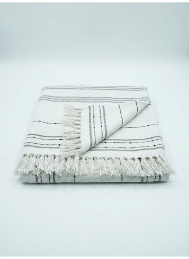 130 x 160 cm 100% Cotton Throw Blanket in White and Black with Fringed Edges, 400GSM Heavyweight Woven Decorative Sofa Cover, Boho Striped Bed Runner, and Soft Skin-Friendly Travel Mat