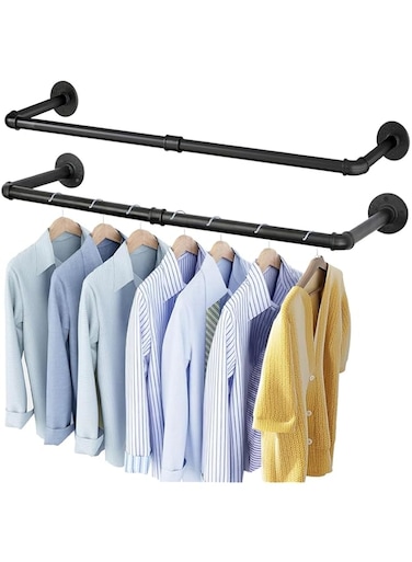 SPNOR Clothing Rack Wall Mount, 2 Pack Industrial Pipe Clothes Rack 91.5CM, Heavy Duty Iron Garment Rack Bar for Closet, Laundry Room, Multi Purpose Hanging Rod, Black