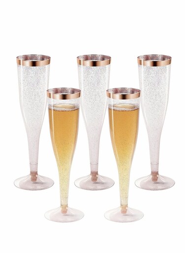 Disposable Plastic Drink Flutes with Gold Rim and Glitter for Parties Weddings and Showers 12 Pack