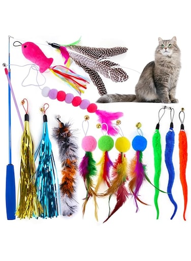 Pepisky 14PCS Cat Toy Set Cat Feather Toys Cat Toys Wand Retractable Amusing Cat Stick Caterpillar Feather Replacement Head Colorful Hair Ball Tassel Interactive Cat Toy for Indoor Cats