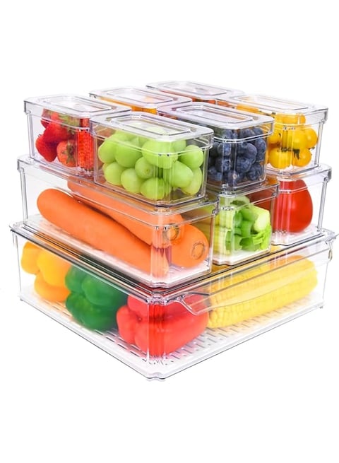 8Pcs Food Storage Container, Fridge Organizer Bins with Lids &amp; Drain Tray, Vegetable &amp; Fruit Storage Containers for Fridge Organization, Stackable Food Storage Containers and Pantry Organization