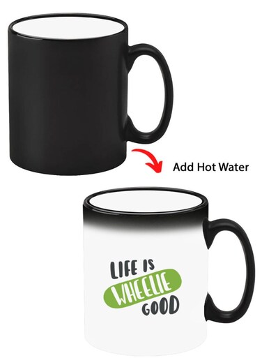 Color Changing Heat Sensitive Ceramic Mug, Image Revealed When HOT Liquid is Added! Life is wheelie good black