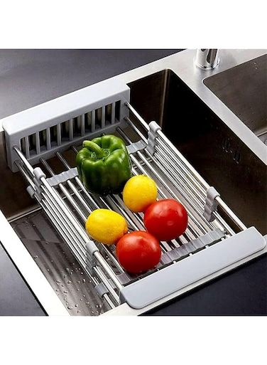 XBLDS Retractable Dish Drainer Kitchen Drainer Stainless Steel Retractable Sink Rack Telescopic Drain Basket with Adjustable Armrest, Adjustable Stainless Steel Sink Rack for Storage (Grey)