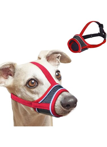 Adjustable Breathable Dog Muzzle, Soft Mesh Anti-Bite Anti-Bark Training Mask, Night Reflective Nylon Muzzle for Grooming, Vet Visits &amp; Walks, No-Chafe Comfort Fit (Red, S)
