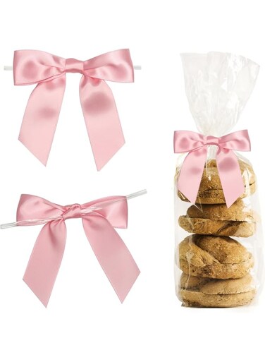Pink Twist Tie Bows for Treat Bags 3.5" Pre-Tied Pink Bows Baby Pink Satin Ribbon Bows for Gift Wrapping Premade Bows for Crafts, Party Favors, Wedding, Baby Shower Decorations (50 Pack)