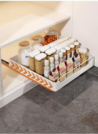Pull Out Cabinet Drawer Shelf Organizer, Slide Out Drawer Storage Shelves for Kitchen Cupboard, Roll-Out Sliding Drawer, Roll-Out Sliding Under Sink storage with 2 Slider, No Need Drill and Nailing