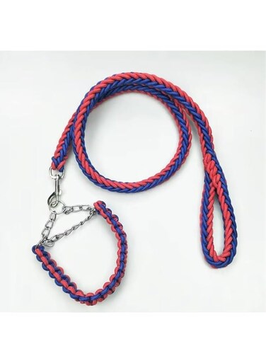 Multi-Color Waterproof Handmade Nylon Dog Leash and Collar Set, Adjustable D-Ring, Soft and Comfortable, Metal Hook and Chain, Firm Handle, for Small to Medium Dogs (Red and Blue, Small)