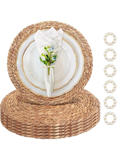 13 Inch Round Woven Placemats Set of 6, Contains 6Pcs Boho Rattan Placemats and 6 Pcs Pearl Napkin Rings, Natural Water Hyacinth Table Placemats, Plate Chargers for Kitchen, Wedding Decor