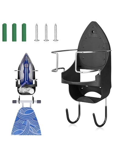 Iron Board Hanger, Wall Mount Electric Iron Holder, Heat Resistant Iron Hanger with Iron Board Rack, Iron and Ironing Board Storage Organizer Shelf with Hooks for Household Bathroom Laundry Room