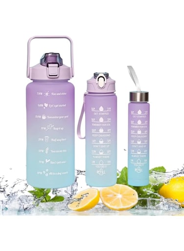 Water Bottles Pack of 3   With Handle Time Markings   BPA Free Non-Toxic Unstoppable Hydration   Straw &amp; lock   leakproof for Gym Fitness Sports 2000ml+900ml+500ml (LEVENDER SAPHIRE)