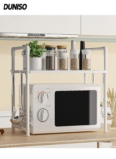 2-Tier Kitchen Storage Rack with Side Hooks , Multifunctional Microwave oven rack,Countertop Rack Organizer with Non-Slip Feet, for Spices, Pots and Pans(White)