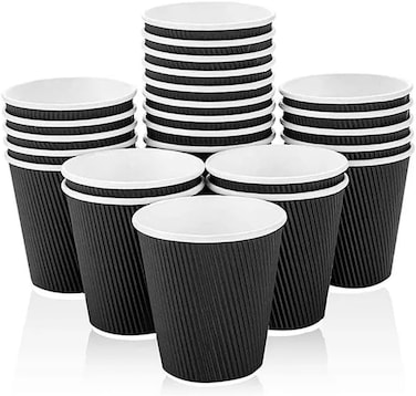 Markq Triple Wall Ripple Disposable Coffee Cups 25-Pieces, 8 oz Capacity, Black