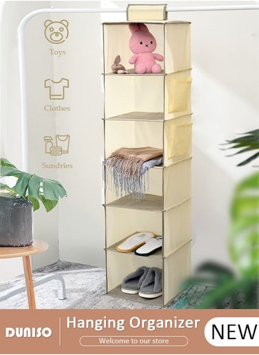 6-Tier Hanging Shelf Closet Organizer with 2 Side Pockets, Storage Box Collapsible Shelves Hanging Closet for Clothes, Socks, Underwear, Hat, Jeans, Towel, Sweater, in Bedroom, Dorm College Room