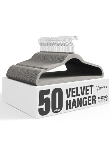 Ventures 50-Pack Non-Slip Velvet Hangers with Shoulder Notches, Space-Saving Ultra-Thin Design, 360&Acirc;&deg; Swivel Hooks for Closet Organization, Velvet Clothes Hangers - Grey