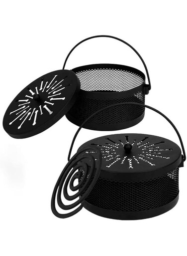 Excefore Mosquito Coil Holder with Lid - 2 Pack, Portable Metal Incense Burner with Handle, 6.1" Diameter, Black, for Indoor/Outdoor/Camping/Patio
