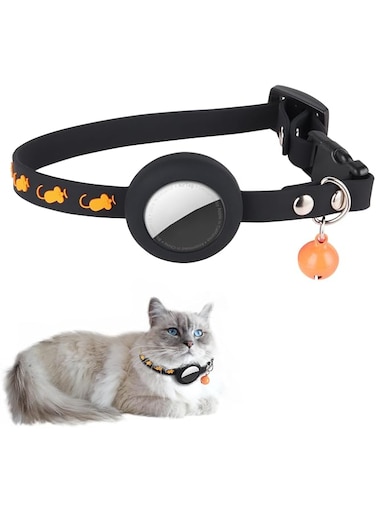 Air-t-a-g Cat Collar Adjustable Breakaway with Bell, 8.26-10.6 Inch Silicone A-p-p-l-e Air-t-a-g Holder with Safety Buckle Waterproof Lightweight for Cat Dog Kitten Puppy (Black)