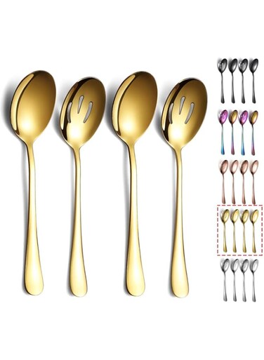 Kyraton Gold Serving Spoons 4 Pieces, Titanium Plating Serving Spoon, Include 2 Serving Spoon And 2 Slotted Spoons, Stainless Steel Serving Utensils, Serving Set Packing of 4