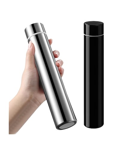 Vesici Slim Water Bottle 8.8 oz Small Stainless Steel Purse Compact Insulated Water Bottles Camping Travel Backpack Pocket Flask for Car Cold Coffee Tea(Silver, Black,2 Pack)
