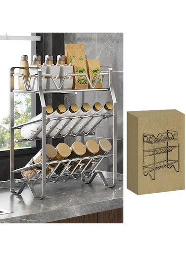 Spice Rack Kitchen Shelf Organizer Countertop 3 Tier Large Standing Seasoning Rack for Storage Spice Kitchen Spice Organizer Spice Holder with Angled 3 Tier Silver.