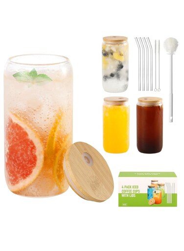Piece Glass Cups with Bamboo Lids and Straws, 16oz Can Shaped Glass Cups, Iced Coffee Cup, Tumbler Cup Gift Set, Drinking Glassware, 2 Straws Brushes, 1 Cups Brushes