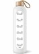 Oz Motivational Borosilicate Glass Water Bottle - Leak Proof, BPA Free, with Silicone Sleeve &amp; Bamboo Lid (White)